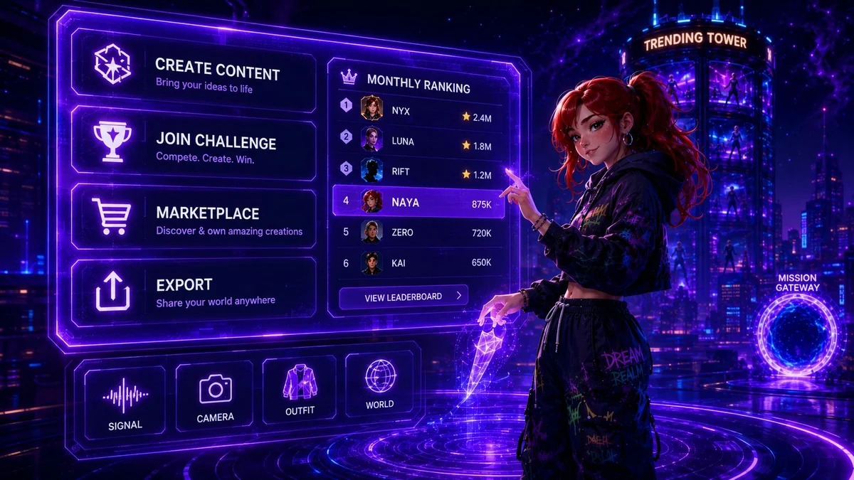 Dream Realm creator interface with missions, ranking, marketplace and Naya.