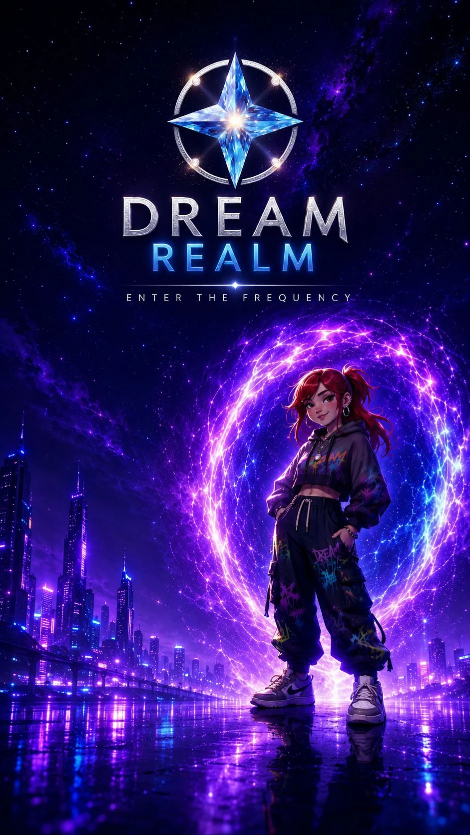 Naya standing before a glowing portal beneath the Dream Realm emblem.