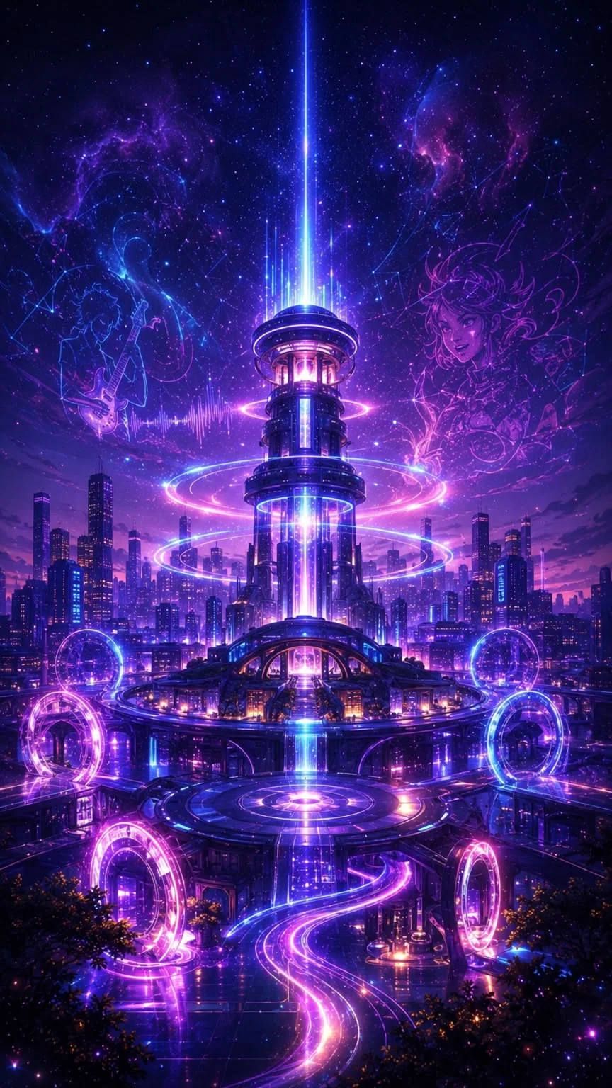 The central Dream Realm hub surrounded by luminous portals and a neon city.