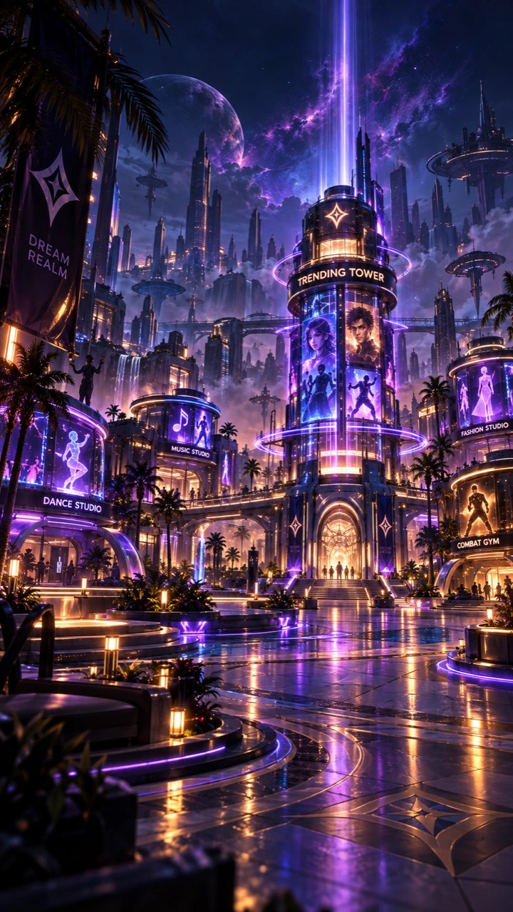 The atmospheric Dream Realm Hub and Trending Tower, beneath a vast midnight sky.