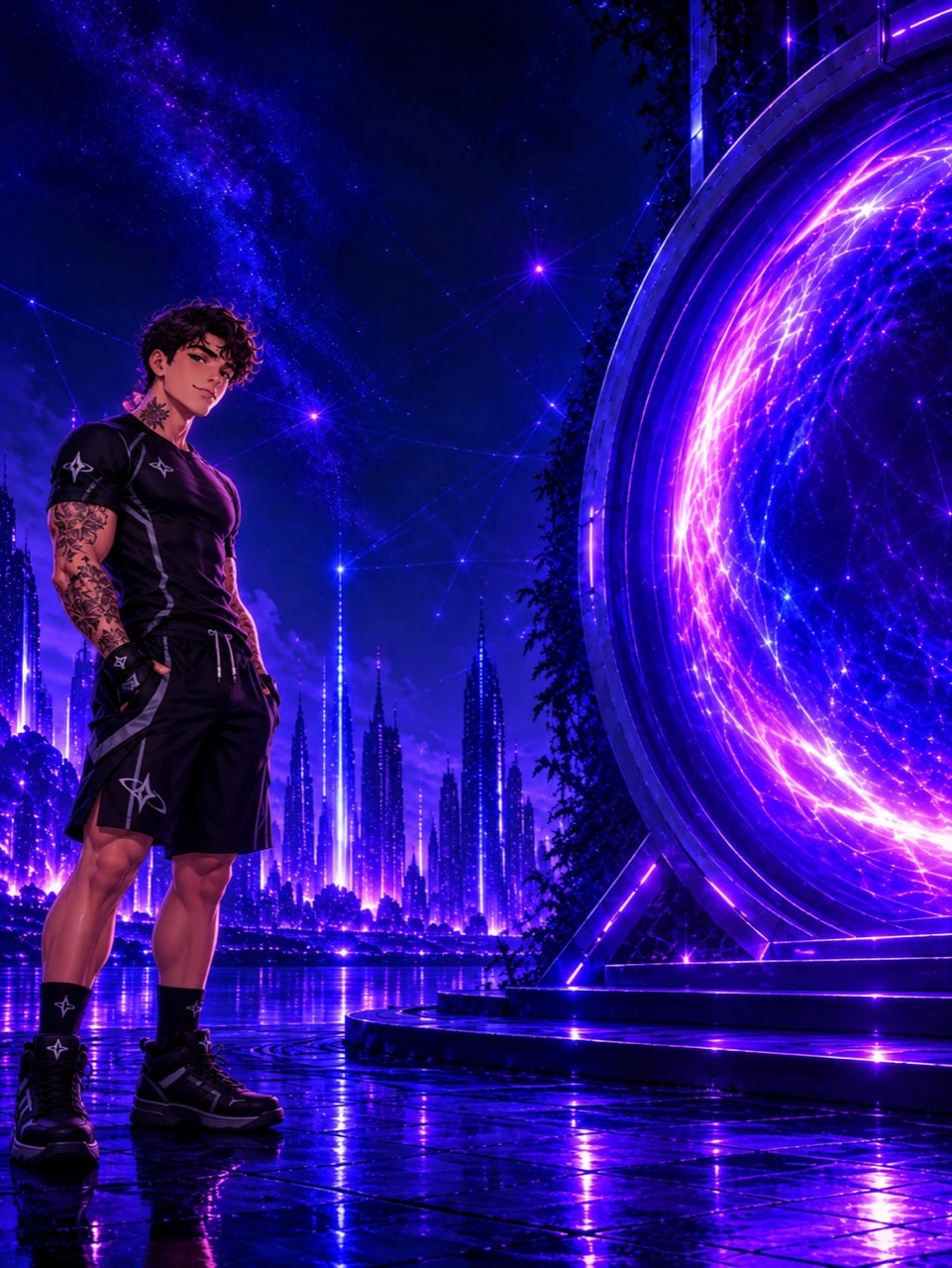 Kade on the left of a luminous violet portal in the Dream Realm city.