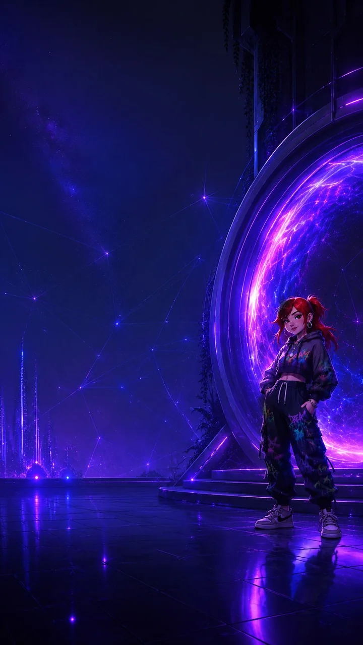 Naya and her violet portal, opening into the world she imagined.