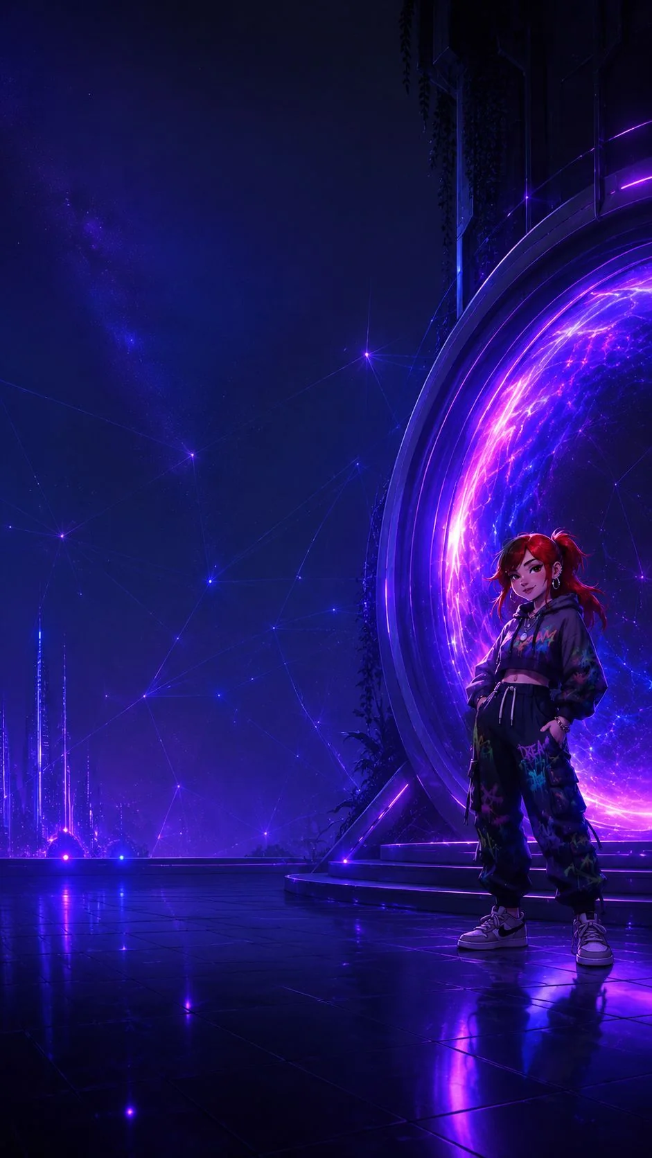 Naya at the threshold of a glowing portal.